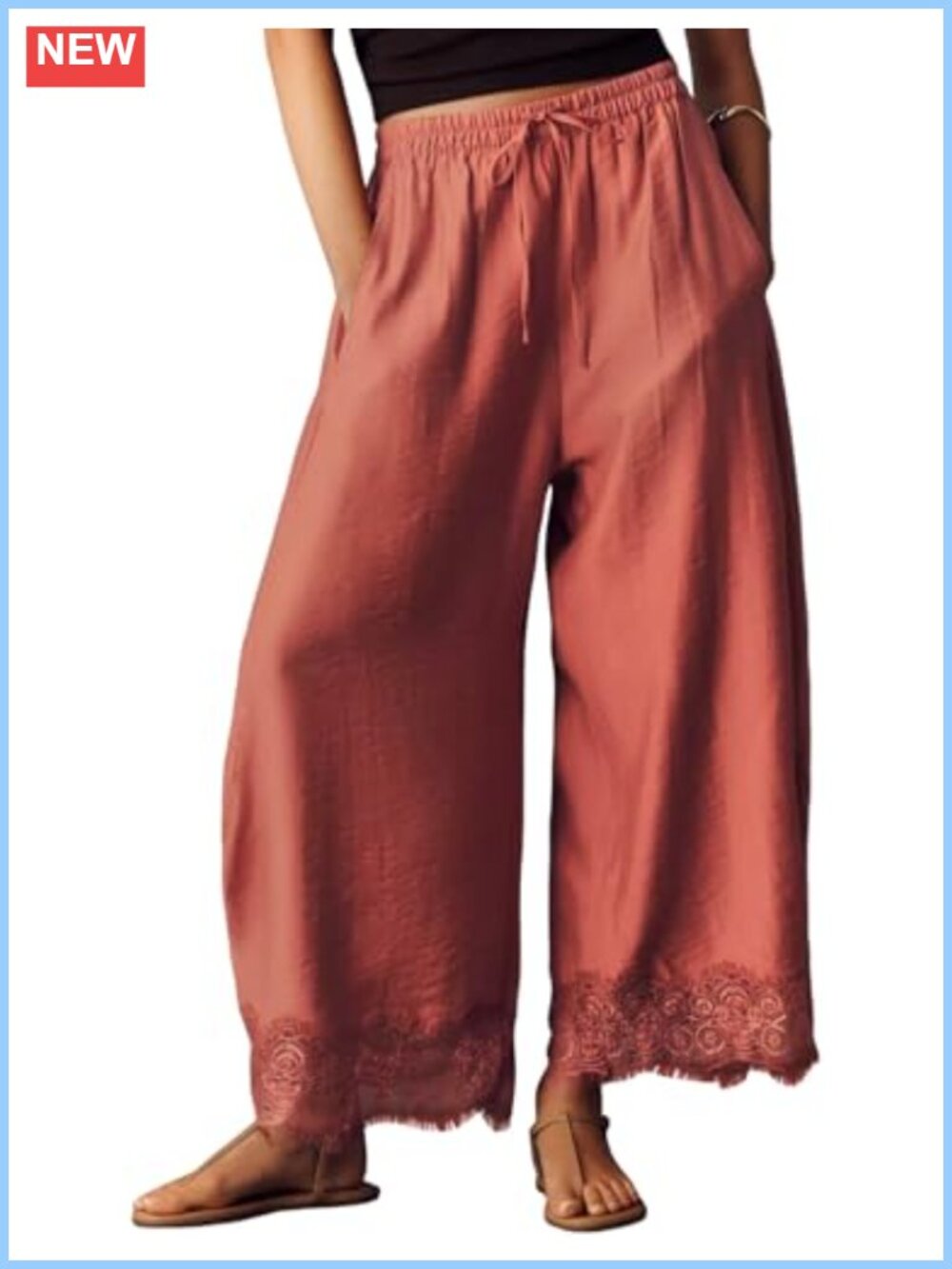 Wide Leg Pants for Women Lace Trim Cropped Flowy Lounge Pants